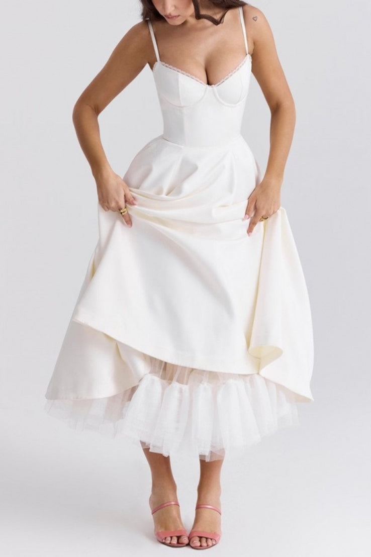 Spaghetti Strap Sweetheart Bustier Satin Fit and Flare Midi Dress 3