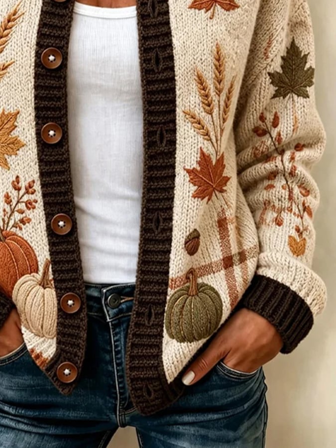 Autumn Leaf Pumpkin Embroidered Plaid Button Front Knit Cardigan 2