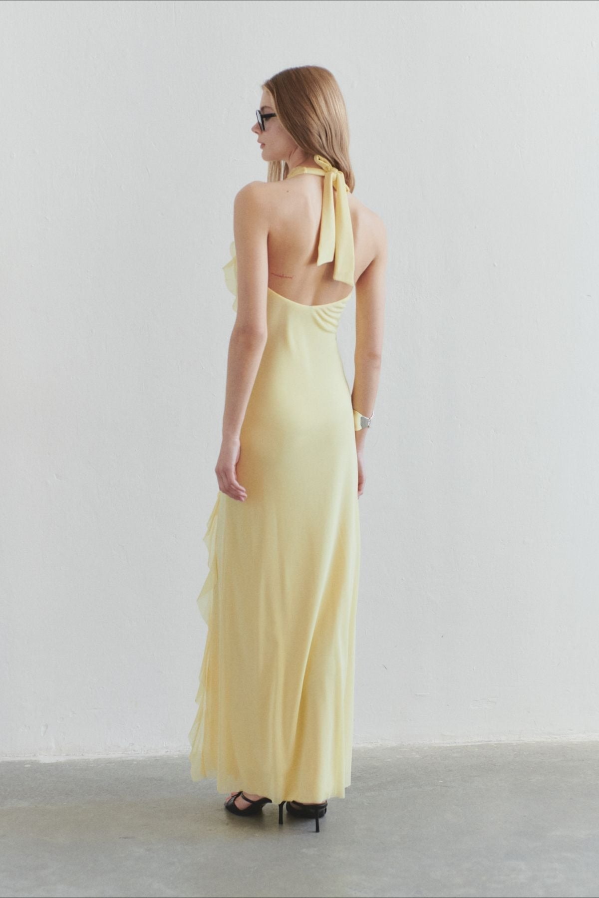Chiffon Halter Deep V-Neck Ruffle Trim Backless Slip Maxi Dress - View 2