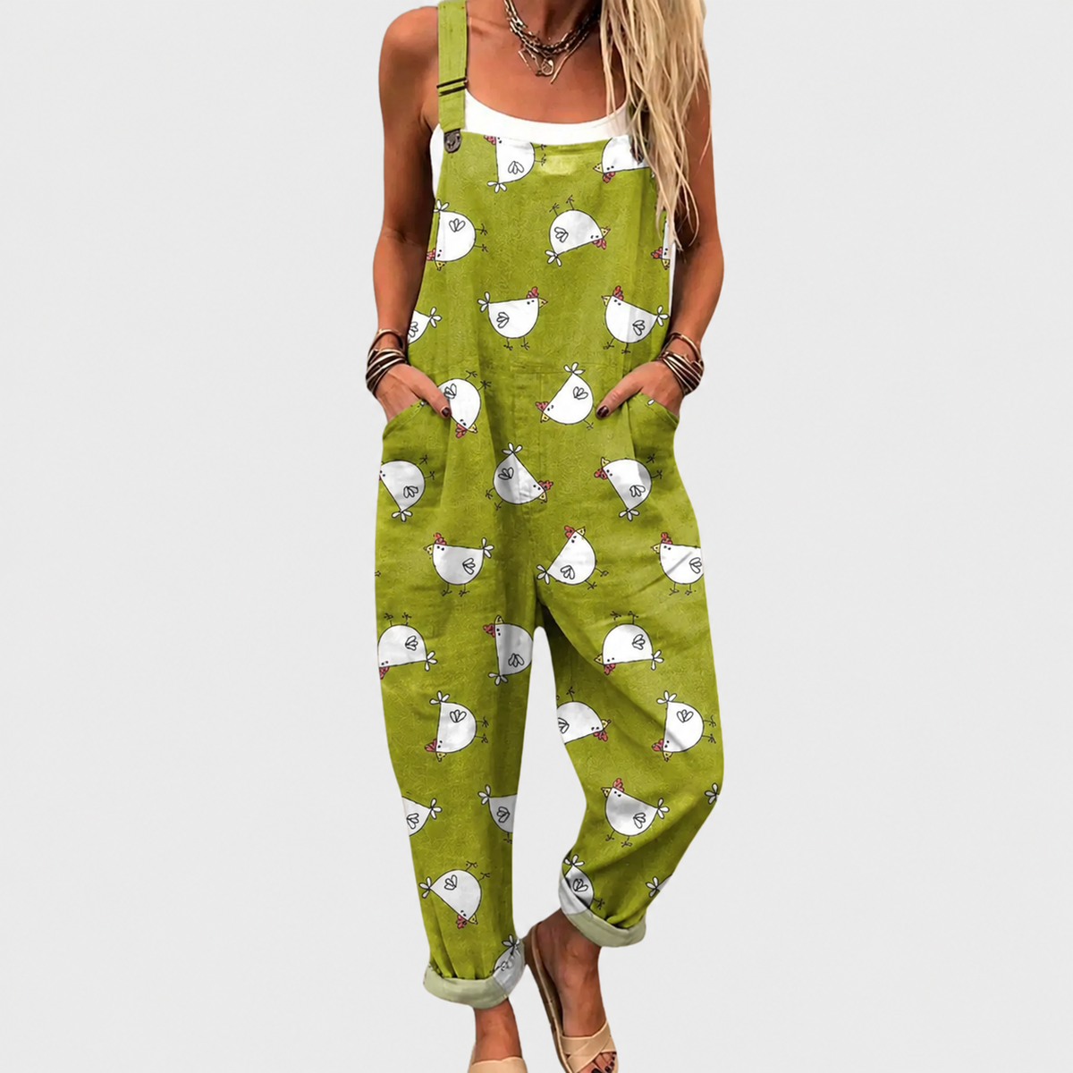 Chicken Print Pocket Wide Leg Overall Jumpsuit