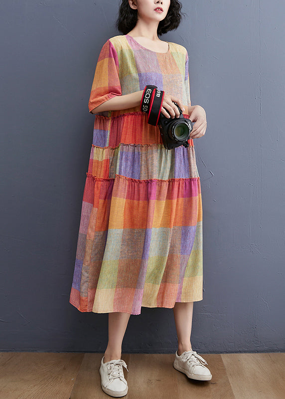 Plaid Print Crew Neck Short Sleeve Tiered Ruffle Oversized Midi Dress - View 3