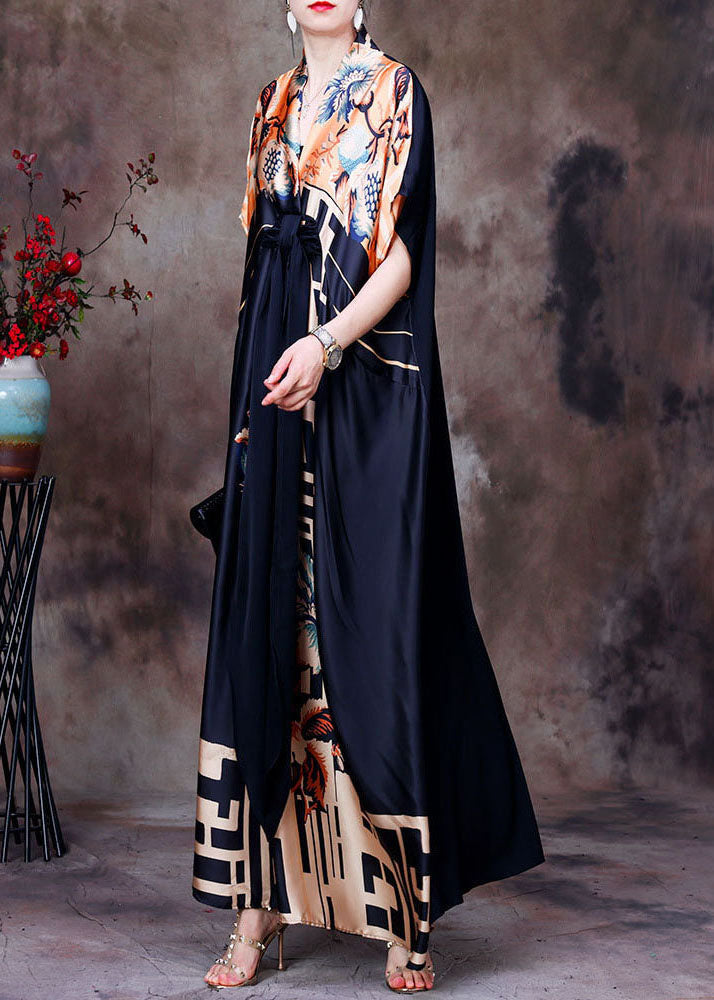 Satin Mixed Print Wrap Deep V-Neck Short Sleeve Tie Waist Maxi Dress - View 2