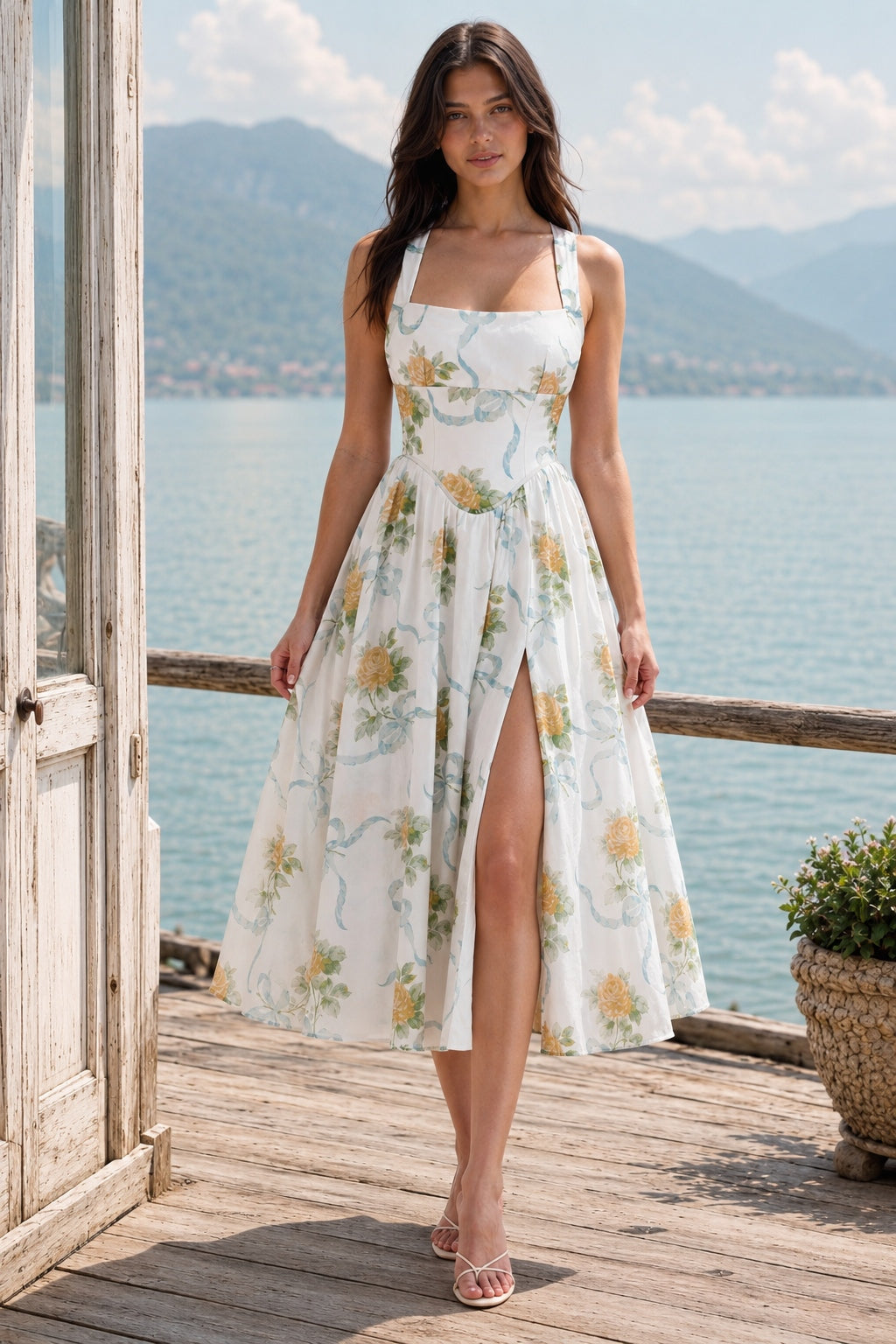 Square Neck Floral Corset Waist High Split Midi Dress 6