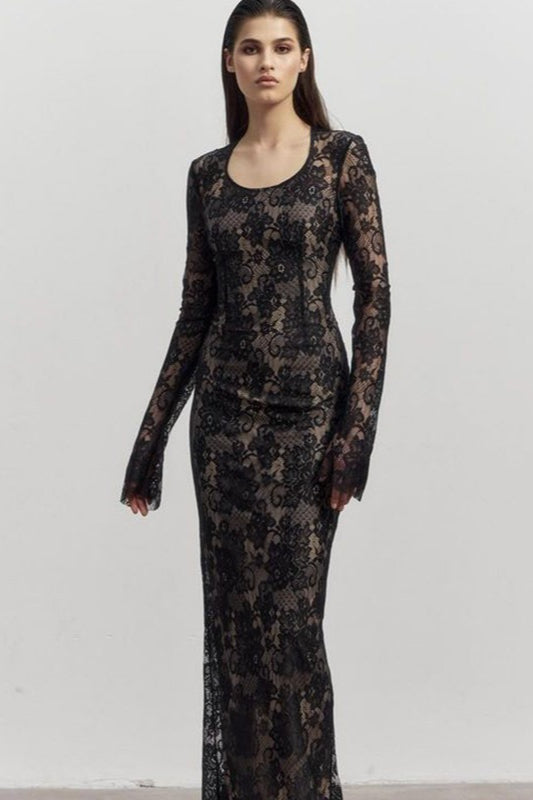 Lace Scoop Neck Long Sleeve Bodycon Maxi Dress