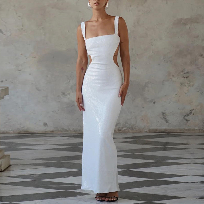 Sequin Square Neck Cut Out Backless Mermaid Maxi Dress