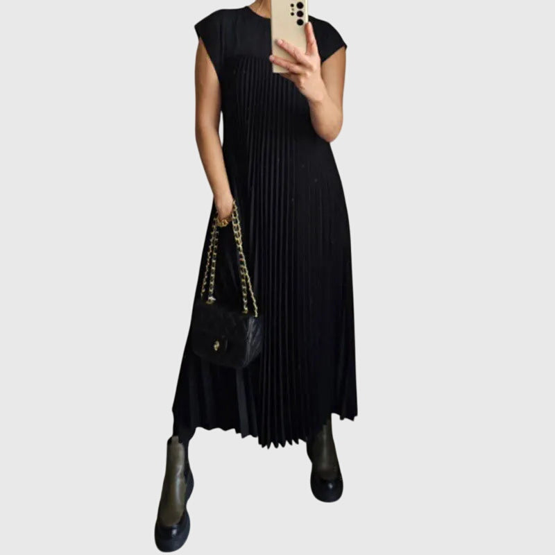 Boat Neck Cap Sleeve Pleated A-Line Maxi Dress 3