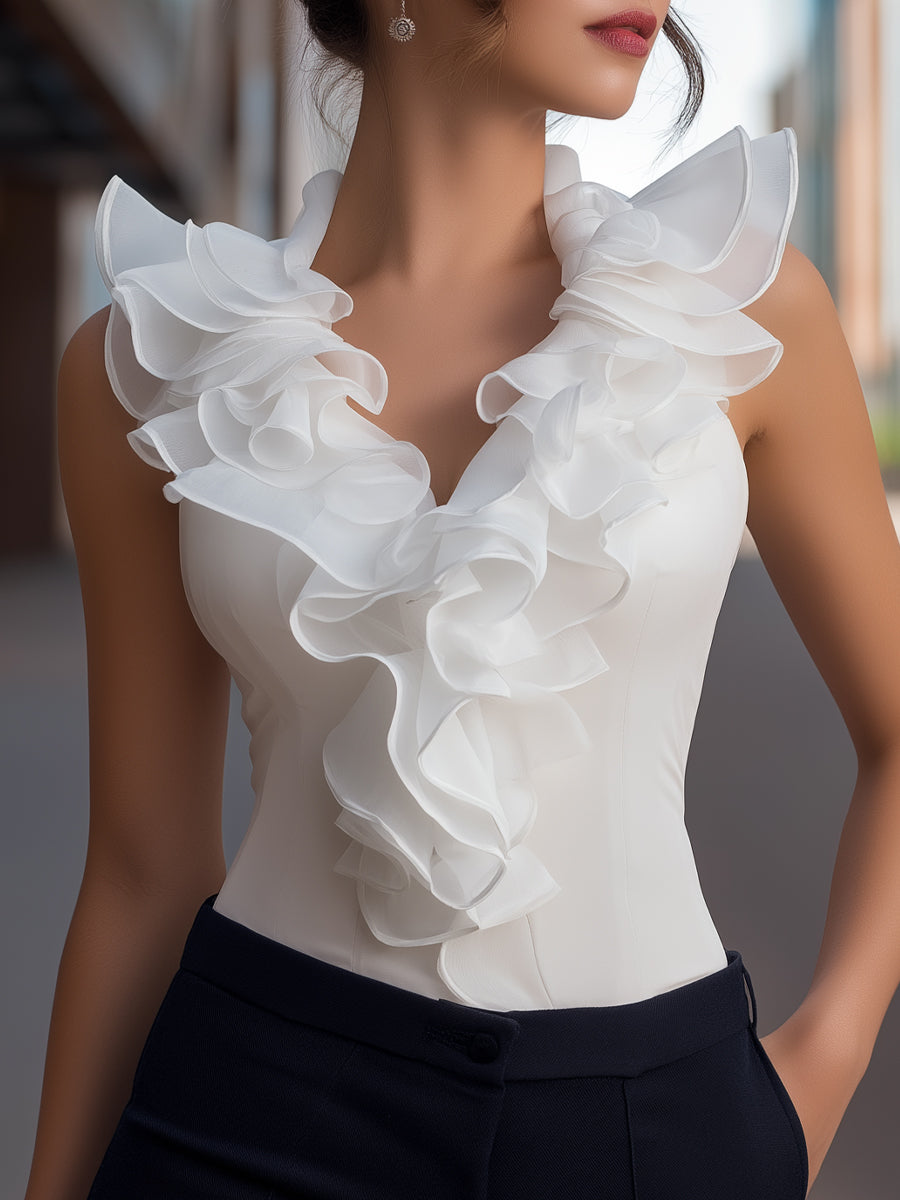 Sleeveless Ruffle Trim V-Neck Chiffon Top