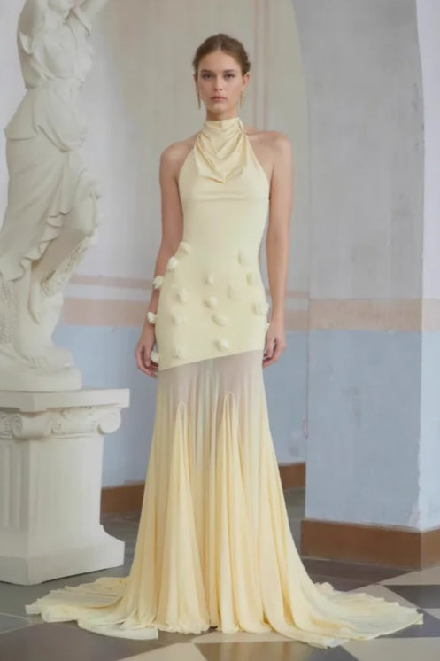 Backless Halter Paneled Flared Mermaid Party Dress