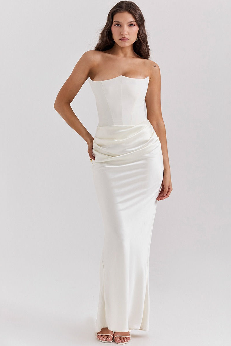 Strapless Corset Draped Satin Mermaid Maxi Gown - View 5