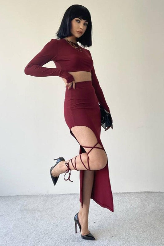 Solid Crew Neck Long Sleeve Tie Waist Skirt Two Piece Set