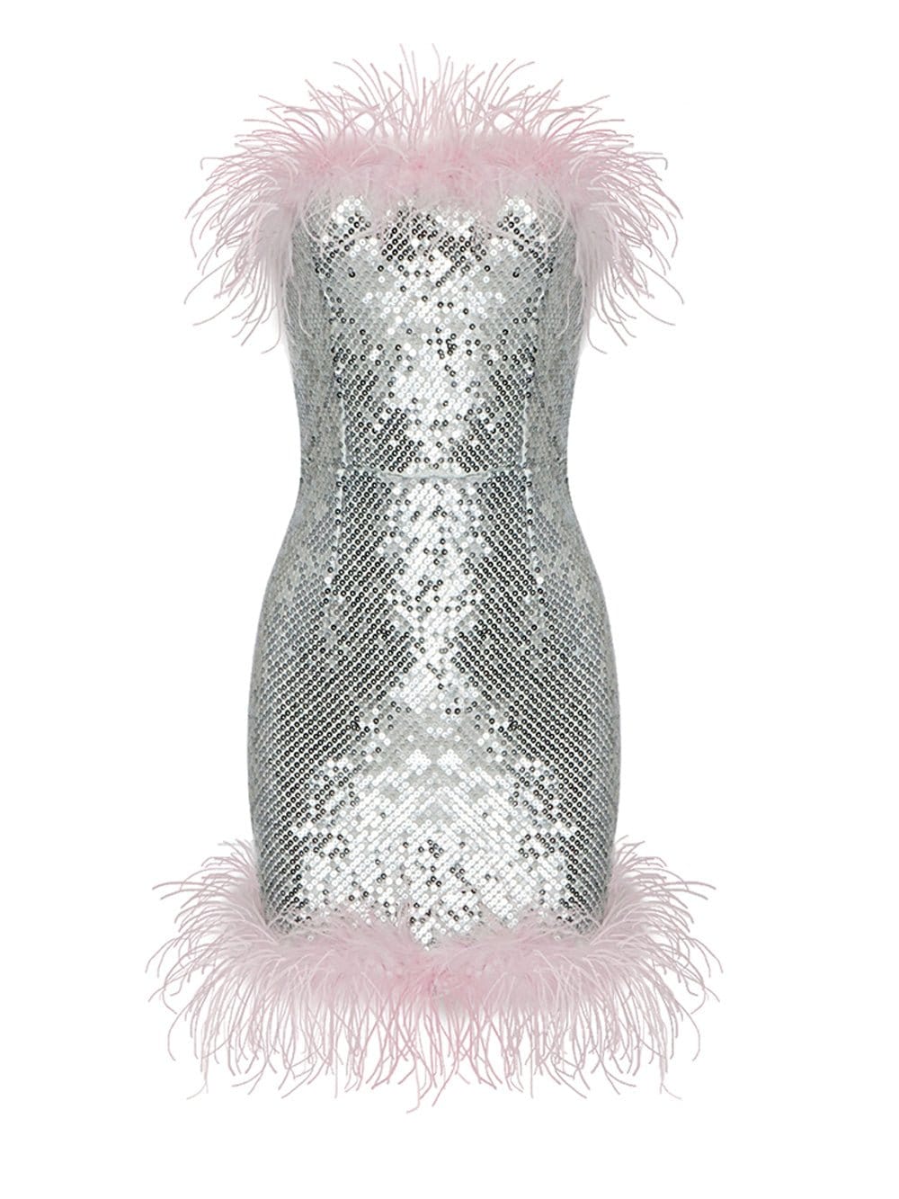Alaina Feather Strapless Mini Dress in Silver