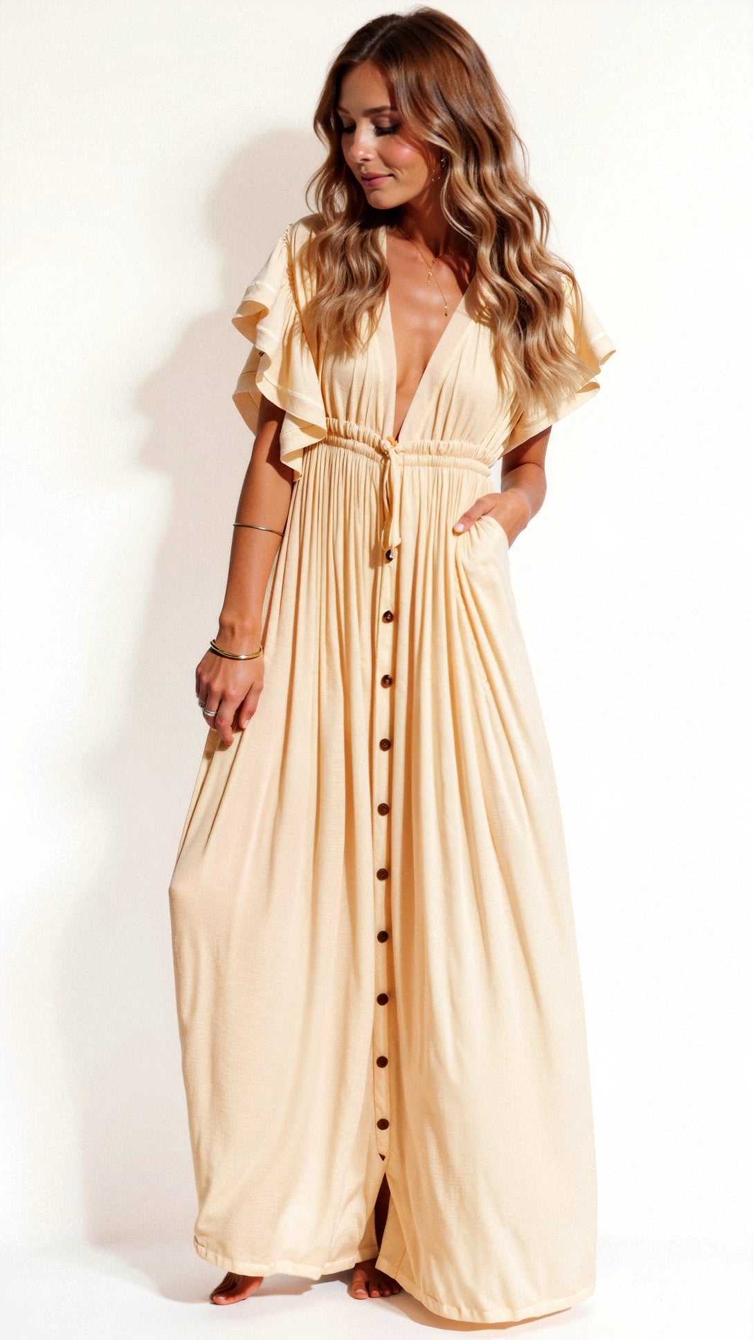 Rib Knit Deep V-Neck Flutter Sleeve Empire Waist Maxi Dress