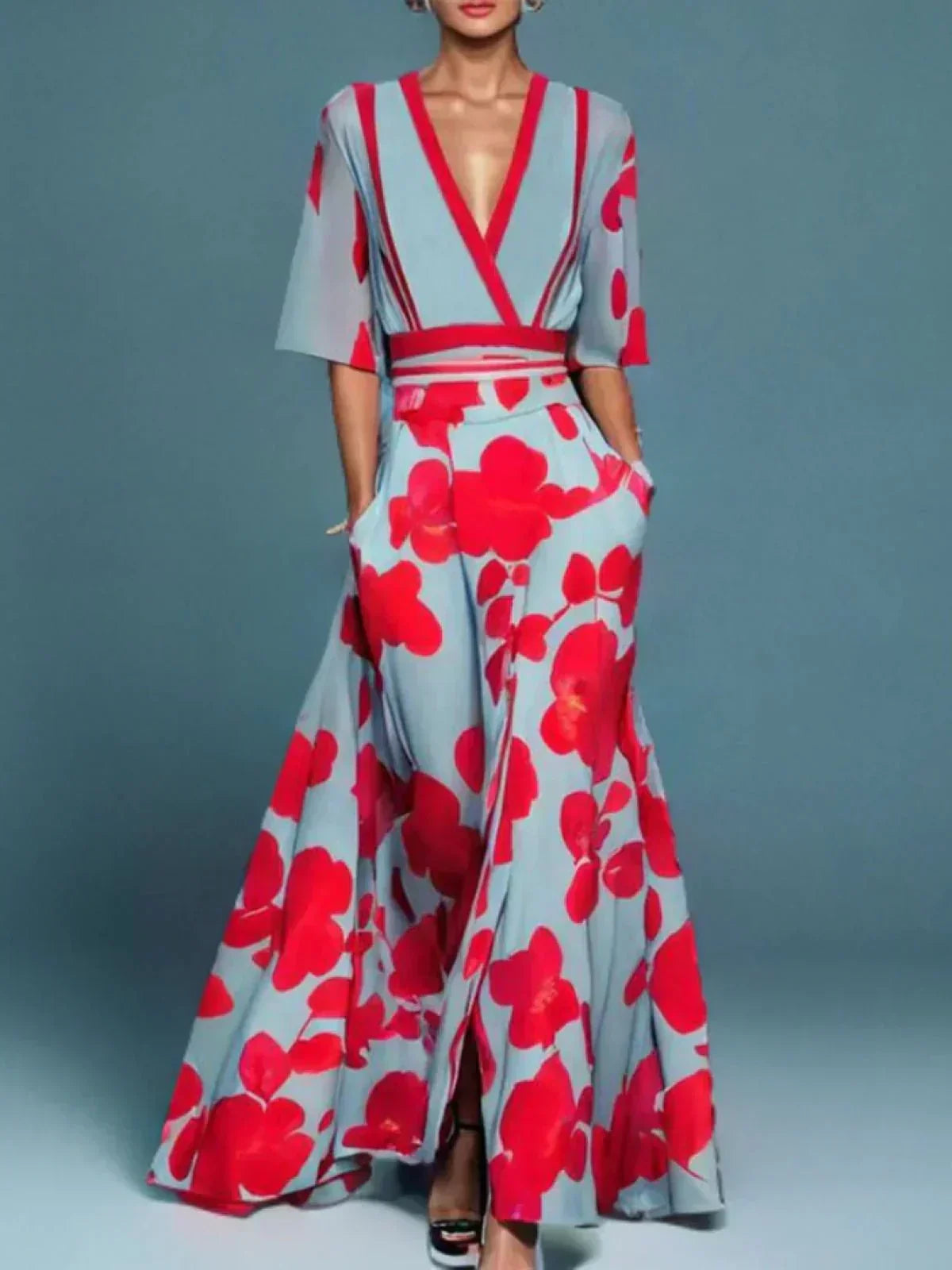 Floral Print Deep V-Neck Wrap Sleeve Stripe A-Line Maxi Dress