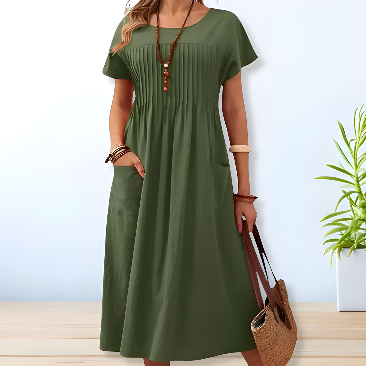 Round Neck Short Sleeve Pintuck Pocket Midi Dress