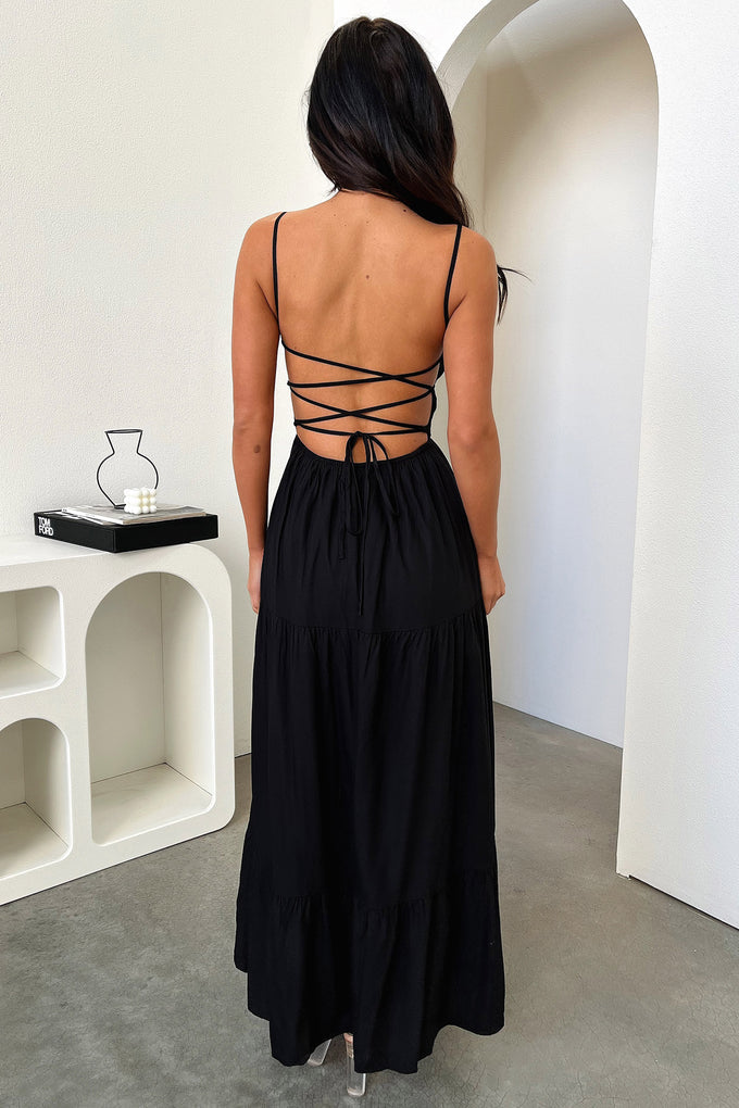 Spaghetti Strap Ruched Tie Front Bust Keyhole Tiered Maxi Dress - View 5