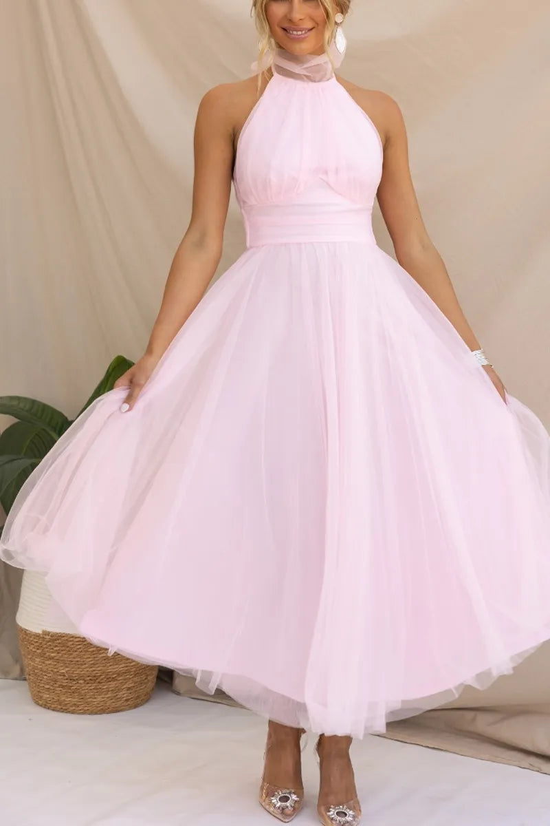 Tulle Halter Neck Bow Back Ruched Waist A-Line Midi Dress - View 7