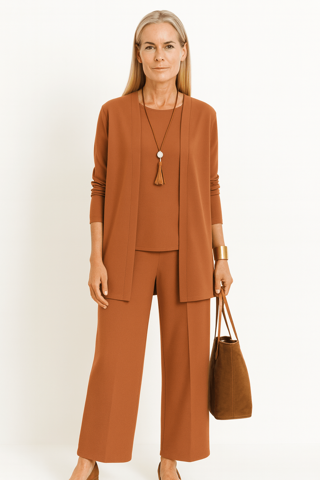 Longline Cardigan Top and Wide Leg Pants Three Piece Set 11