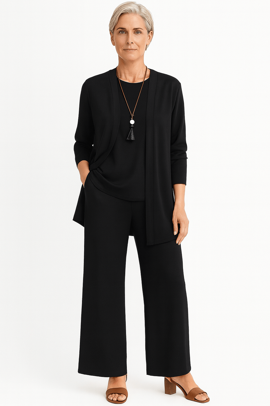 Longline Cardigan Top and Wide Leg Pants Three Piece Set 2
