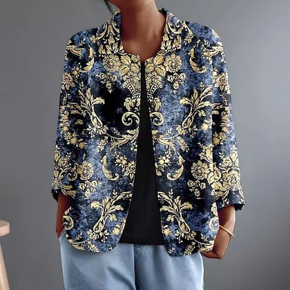 Floral Print Velvet Collared Open Front Jacket 2