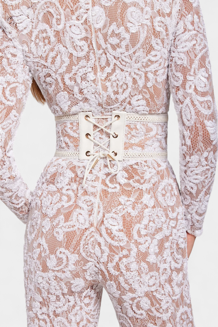Floral Lace Crew Neck Long Sleeve Flare Leg Jumpsuit 4