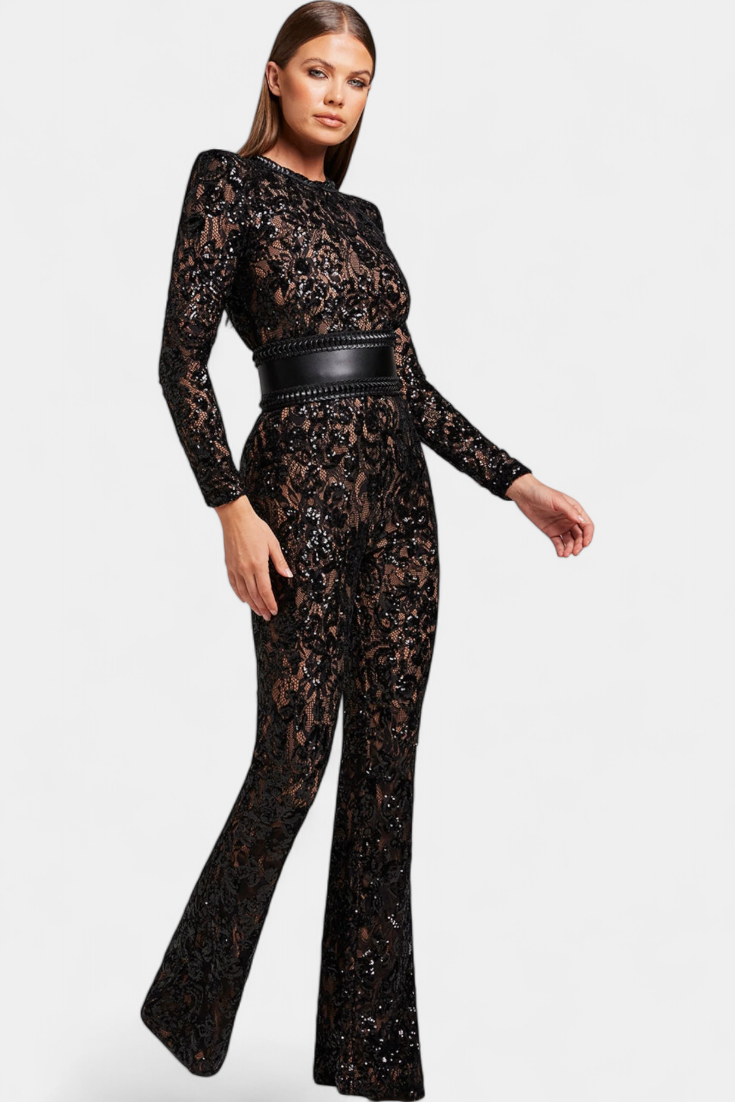 Floral Lace Crew Neck Long Sleeve Flare Leg Jumpsuit 9