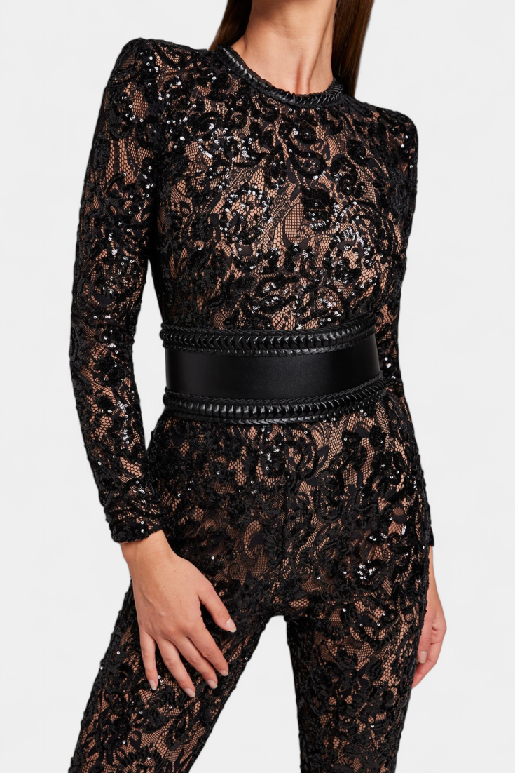 Floral Lace Crew Neck Long Sleeve Flare Leg Jumpsuit 8