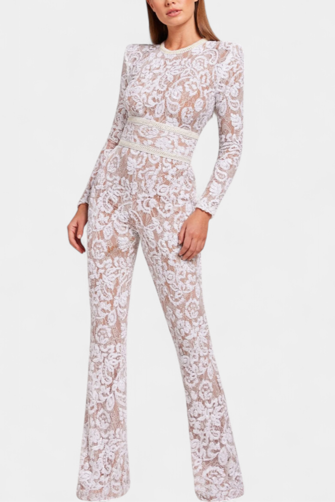 Floral Lace Crew Neck Long Sleeve Flare Leg Jumpsuit