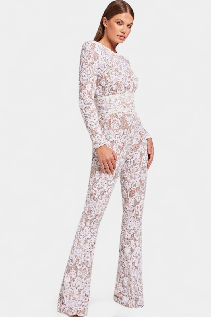 Floral Lace Crew Neck Long Sleeve Flare Leg Jumpsuit 5