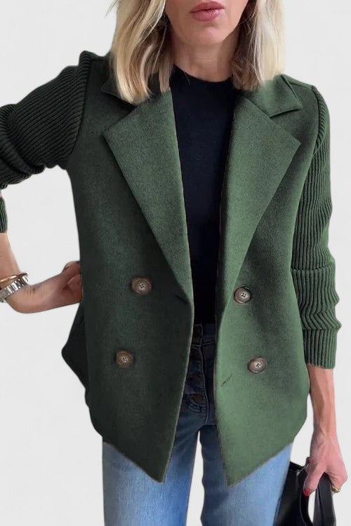 Notch Lapel Double Breasted Ribbed Knit Sleeve Blazer 3