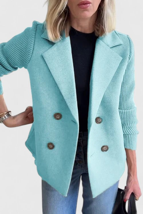 Notch Lapel Double Breasted Ribbed Knit Sleeve Blazer 5