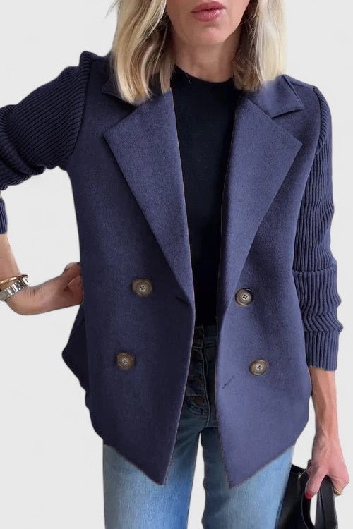 Notch Lapel Double Breasted Ribbed Knit Sleeve Blazer 6