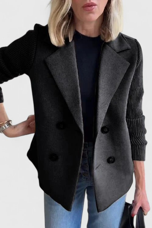Notch Lapel Double Breasted Ribbed Knit Sleeve Blazer 7