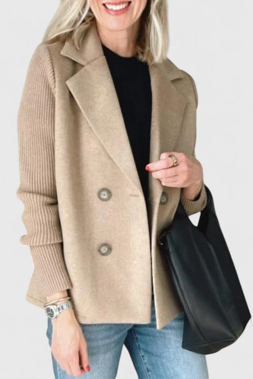 Notch Lapel Double Breasted Ribbed Knit Sleeve Blazer 9