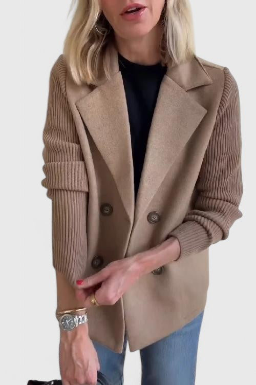 Notch Lapel Double Breasted Ribbed Knit Sleeve Blazer 11