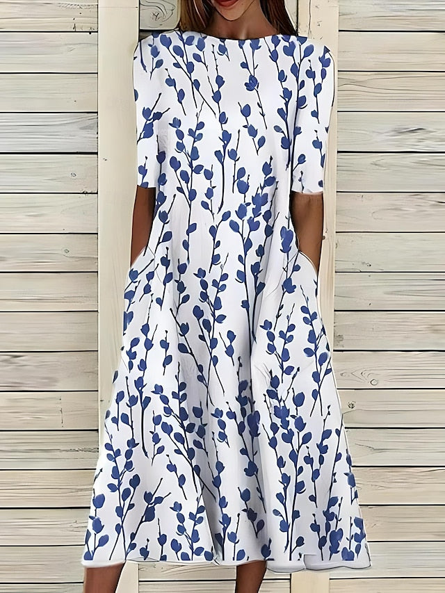 Ditsy Print Boat Neck Half Sleeve Fit and Flare Dress 6