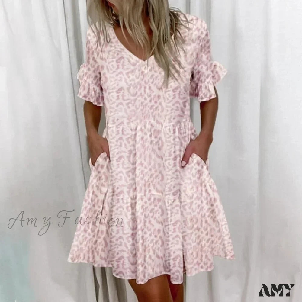 Script Print V-Neck Short Sleeve Tiered Mini Dress 6