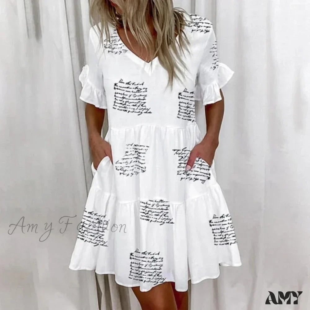 Script Print V-Neck Short Sleeve Tiered Mini Dress 7