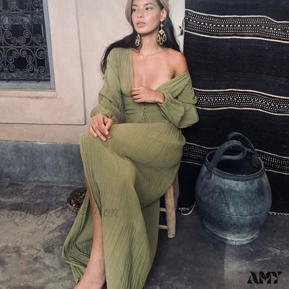 Deep V-Neck Long Sleeve Button Front High Split Maxi Dress 3