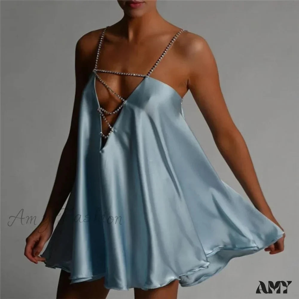 Rhinestone Strap Deep V-Neck Satin Slip Mini Dress 6