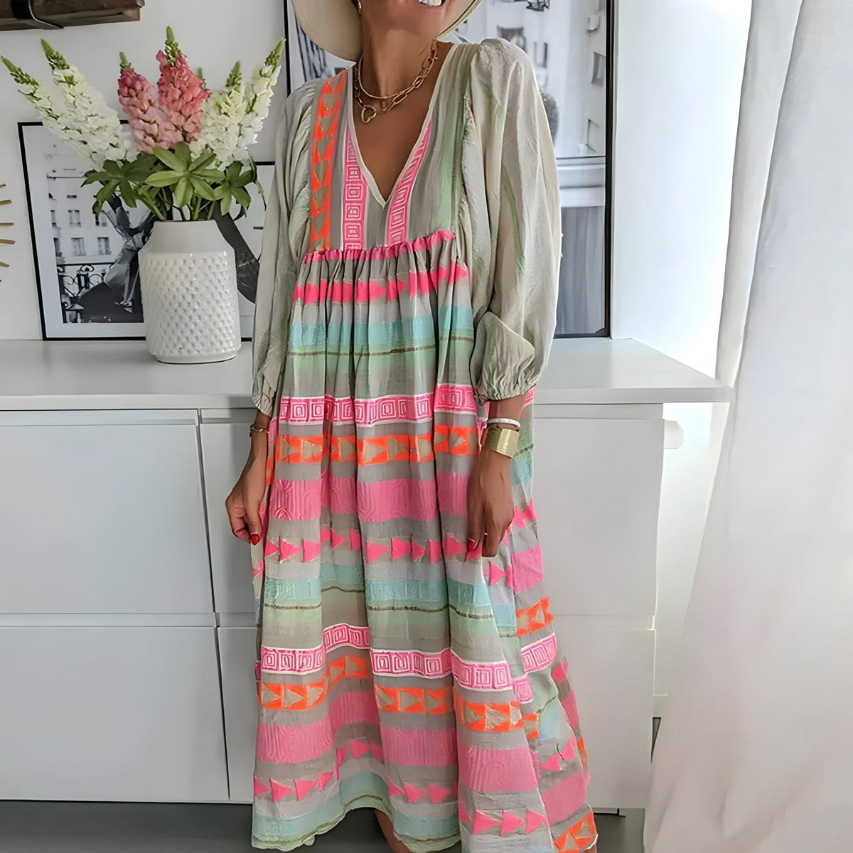 Deep V-Neck Puff Sleeve Embroidered Stripe Tiered Midi Dress - View 2