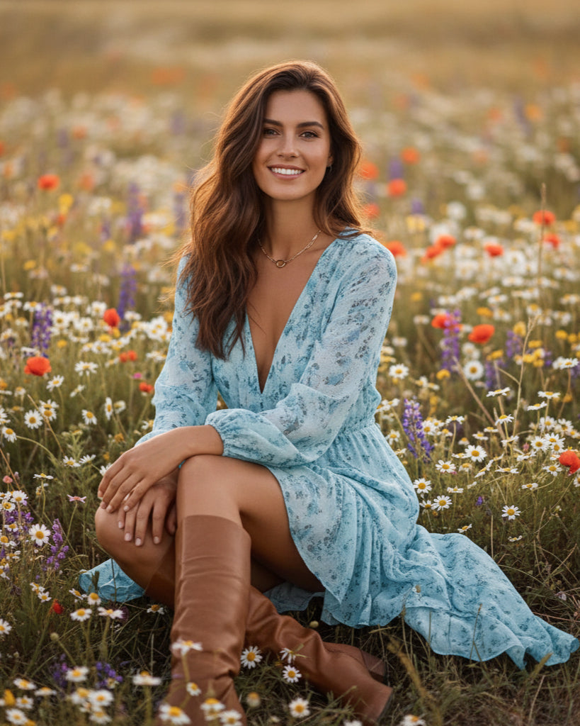 Floral Deep V-Neck Long Sleeve High Low Midi Dress 5