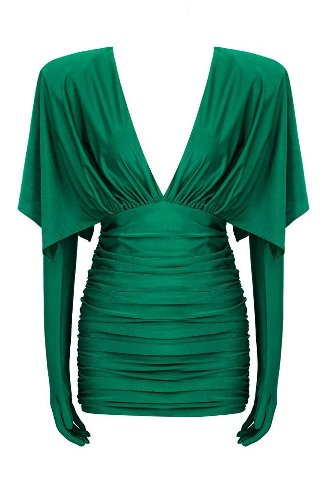 V-Neck Sleeveless Ruched Corset Bodycon Mini Dress in Green - View 4