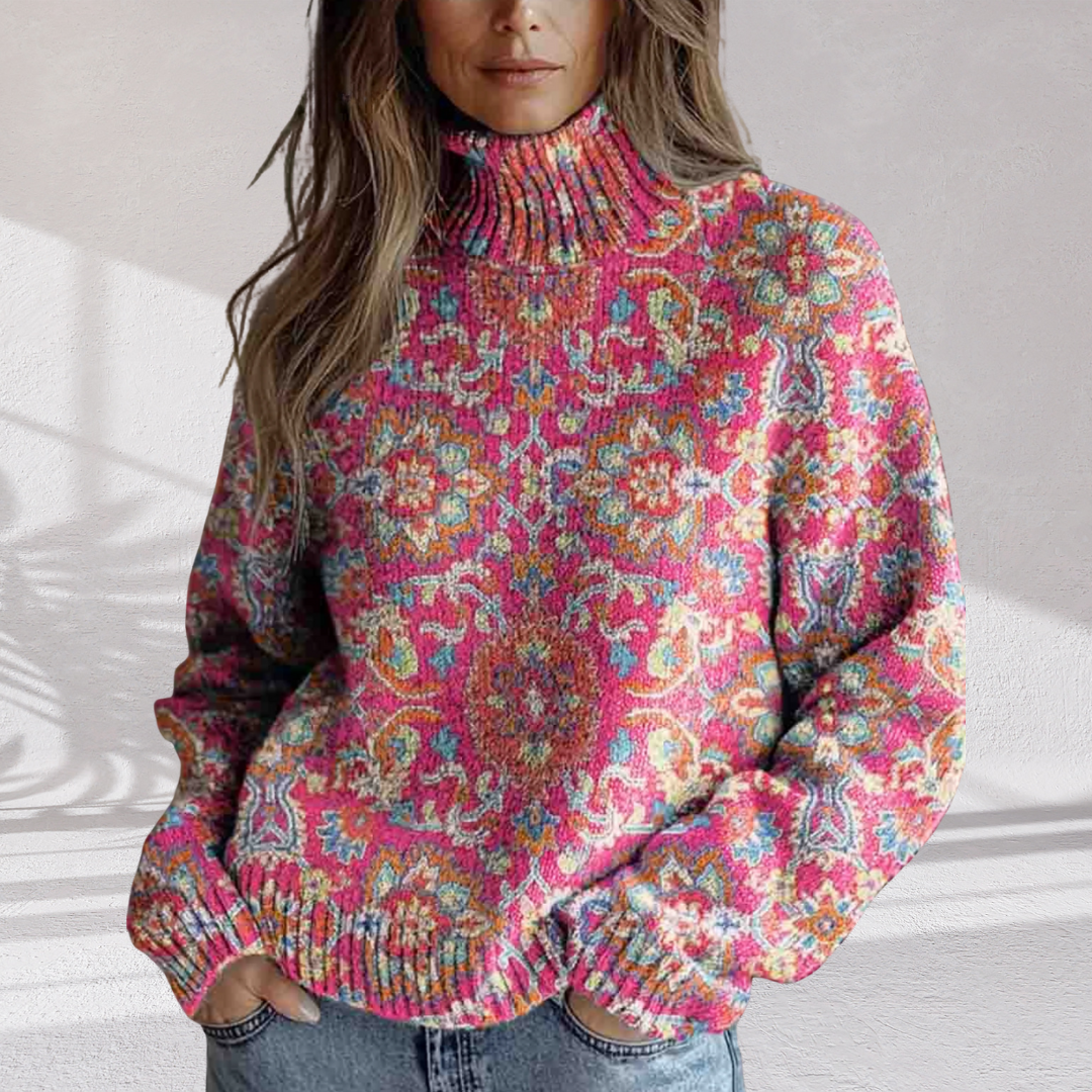 Floral Turtleneck Long Sleeve Oversized Sweater 2