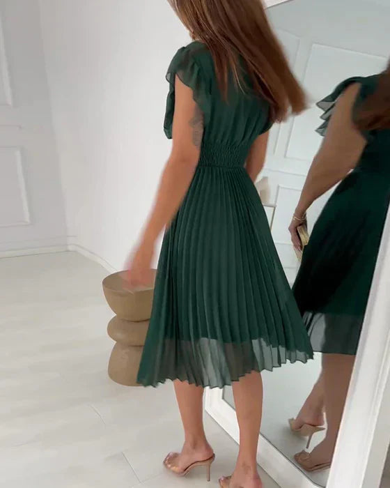Deep V-Neck Flutter Sleeve Ruched Waist Accordion Pleated Midi Dress - View 4