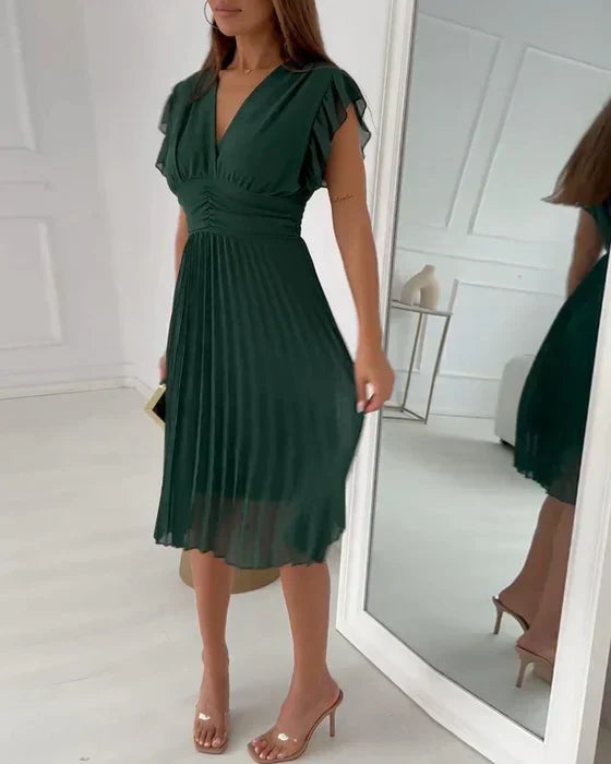 Deep V-Neck Flutter Sleeve Ruched Waist Accordion Pleated Midi Dress - View 3