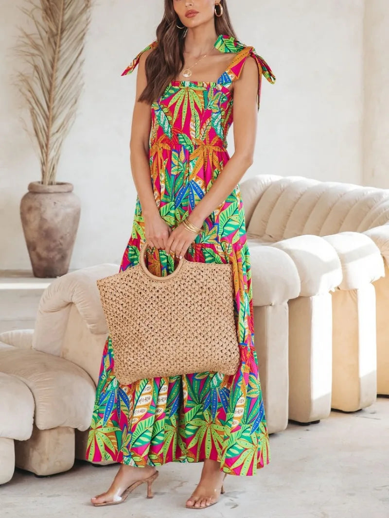 Smocked Square Neck Tie Strap Tiered Floral Maxi Summer Dress - View 2