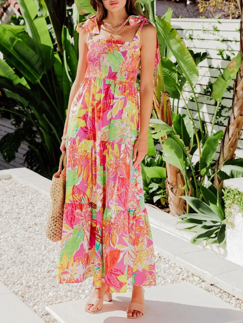 Smocked Square Neck Tie Strap Tiered Floral Maxi Summer Dress