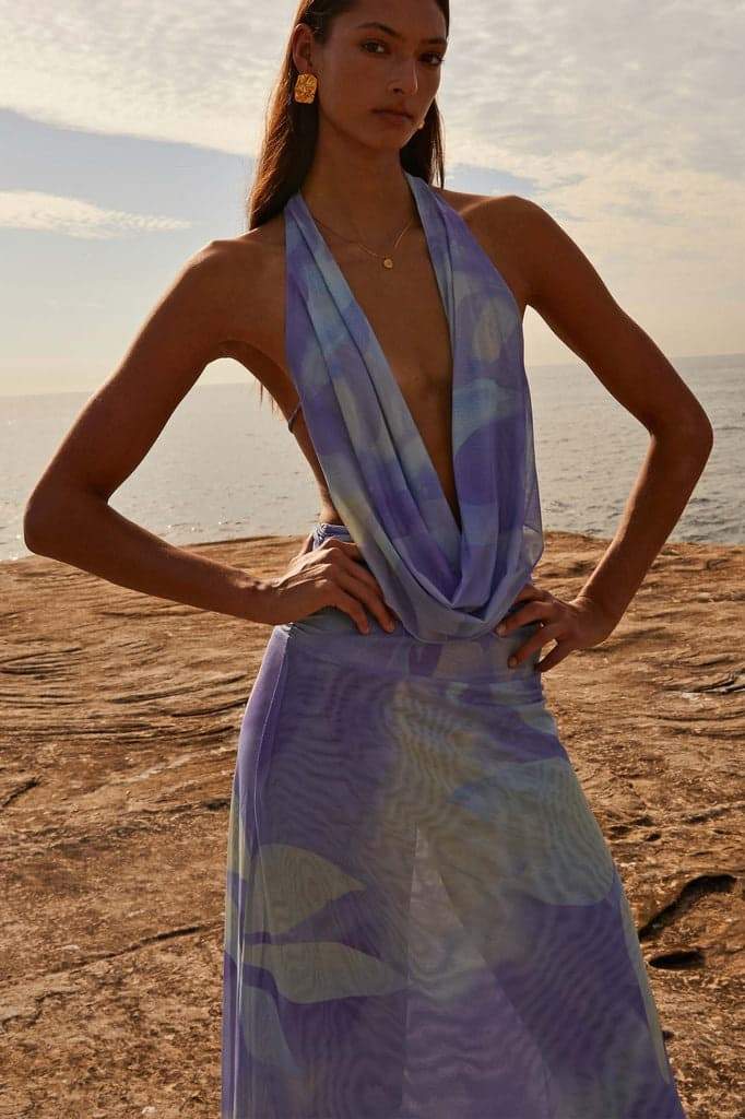 Halter Neck Deep V-Neck Draped Cowl Maxi Dress - View 9