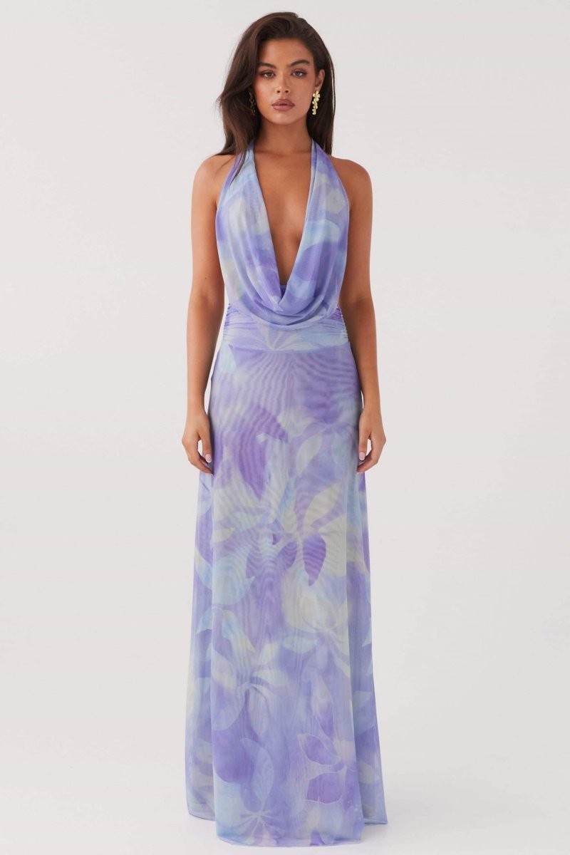 Halter Neck Deep V-Neck Draped Cowl Maxi Dress - View 10