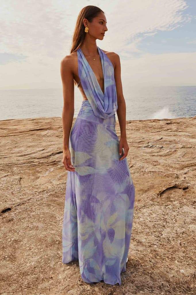 Halter Neck Deep V-Neck Draped Cowl Maxi Dress - View 16